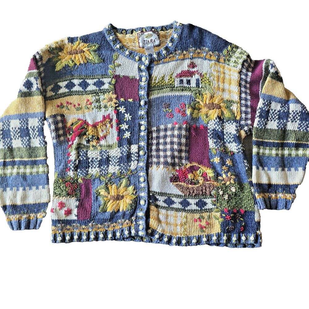 Vintage Tiara Harvest Sweater Patchwork XL Y2K Cottage Granny Core Chunky Knit - Picture 1 of 11